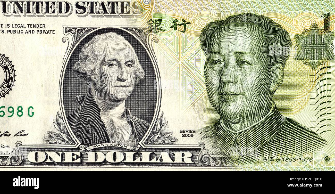 Un dollaro americano senza intoppi nello yuan cinese del 1. Concetto aziendale Foto Stock
