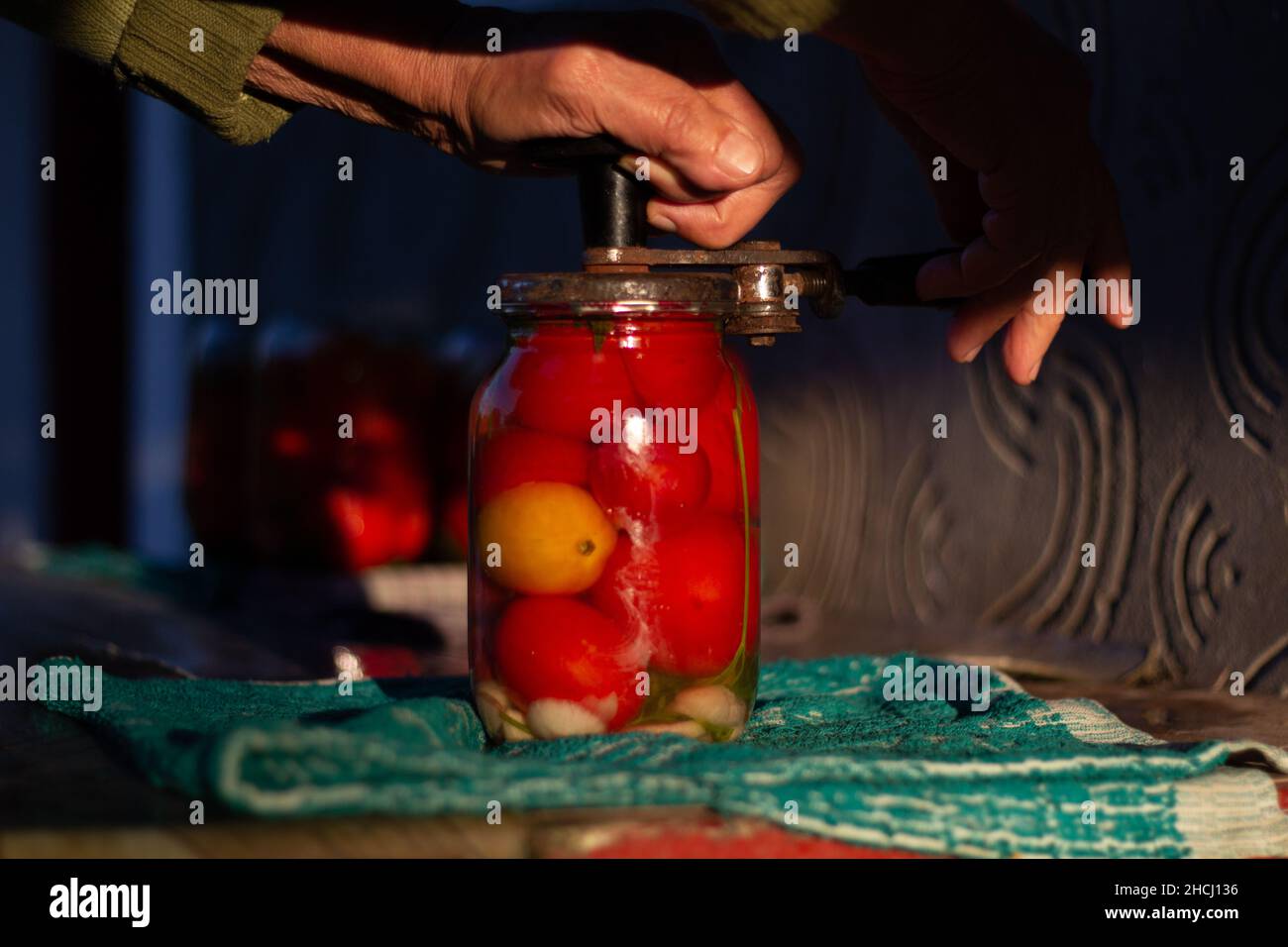 Primo piano di una donna anziana che conserva il pomodoro Foto Stock