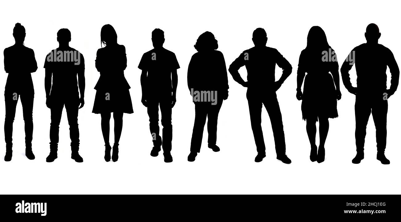 silhouette di un gruppo di uomini e donne Foto Stock