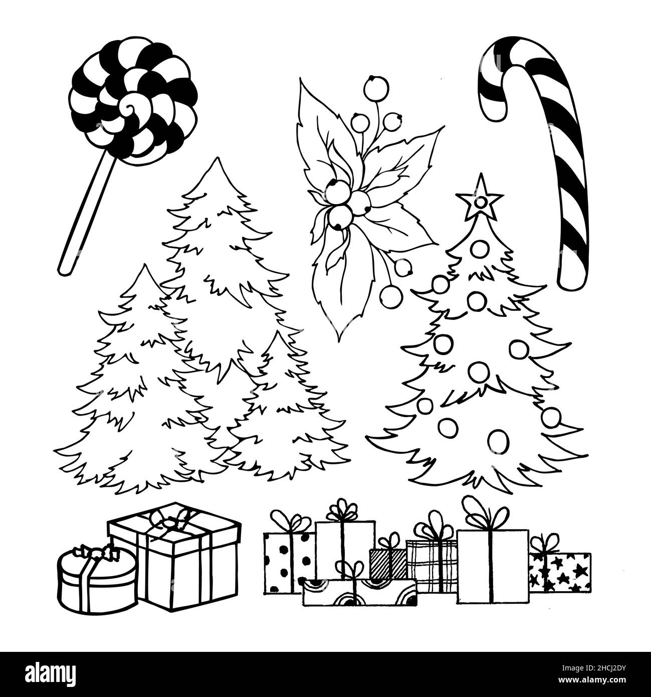 Una serie di disegni di contorno per Natale e Capodanno per la decorazione Illustrazione Vettoriale