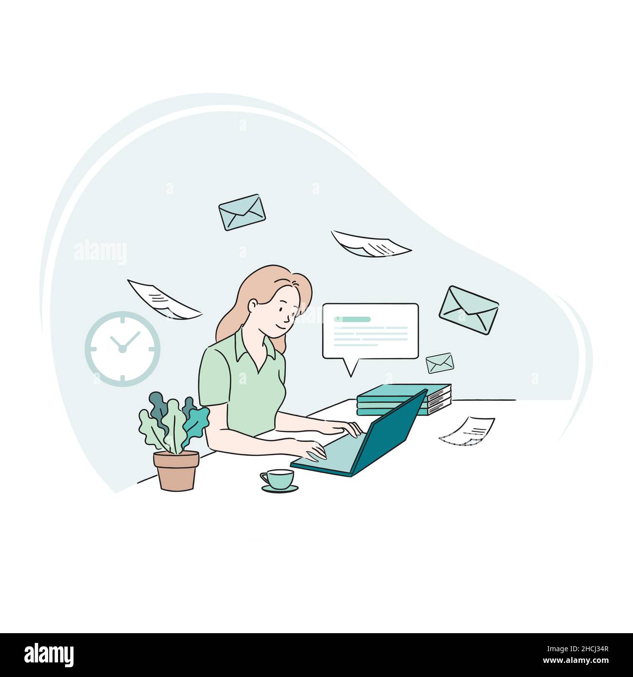 Donna d'affari che usa un computer portatile alla scrivania. Concetto aziendale di e-mail. Vettore commerciale stile linea, illustrazione Illustrazione Vettoriale