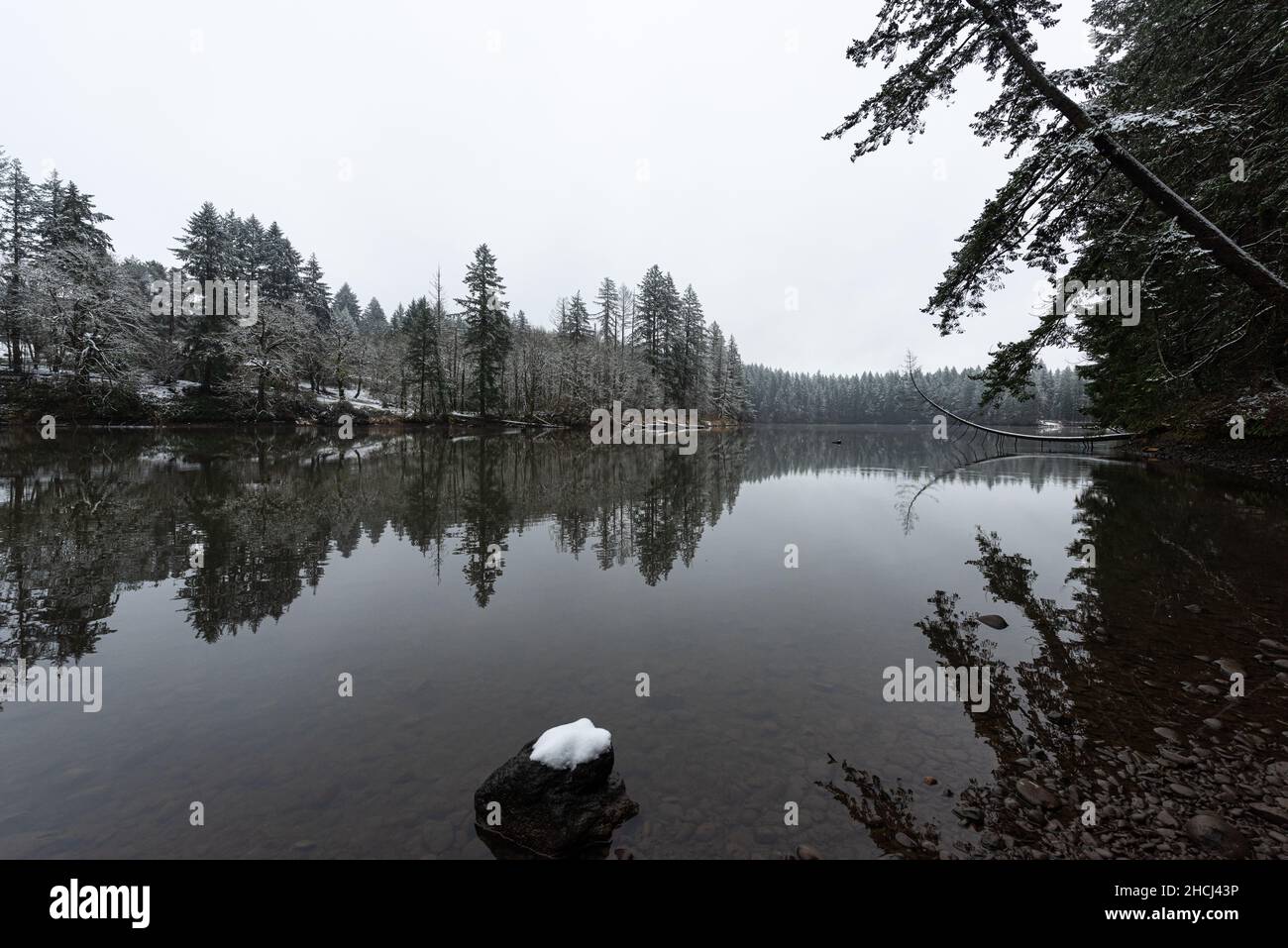 Il paesaggio invernale si riflette in uno splendido lago nello stato di Washington, nel Pacifico nord-occidentale Foto Stock