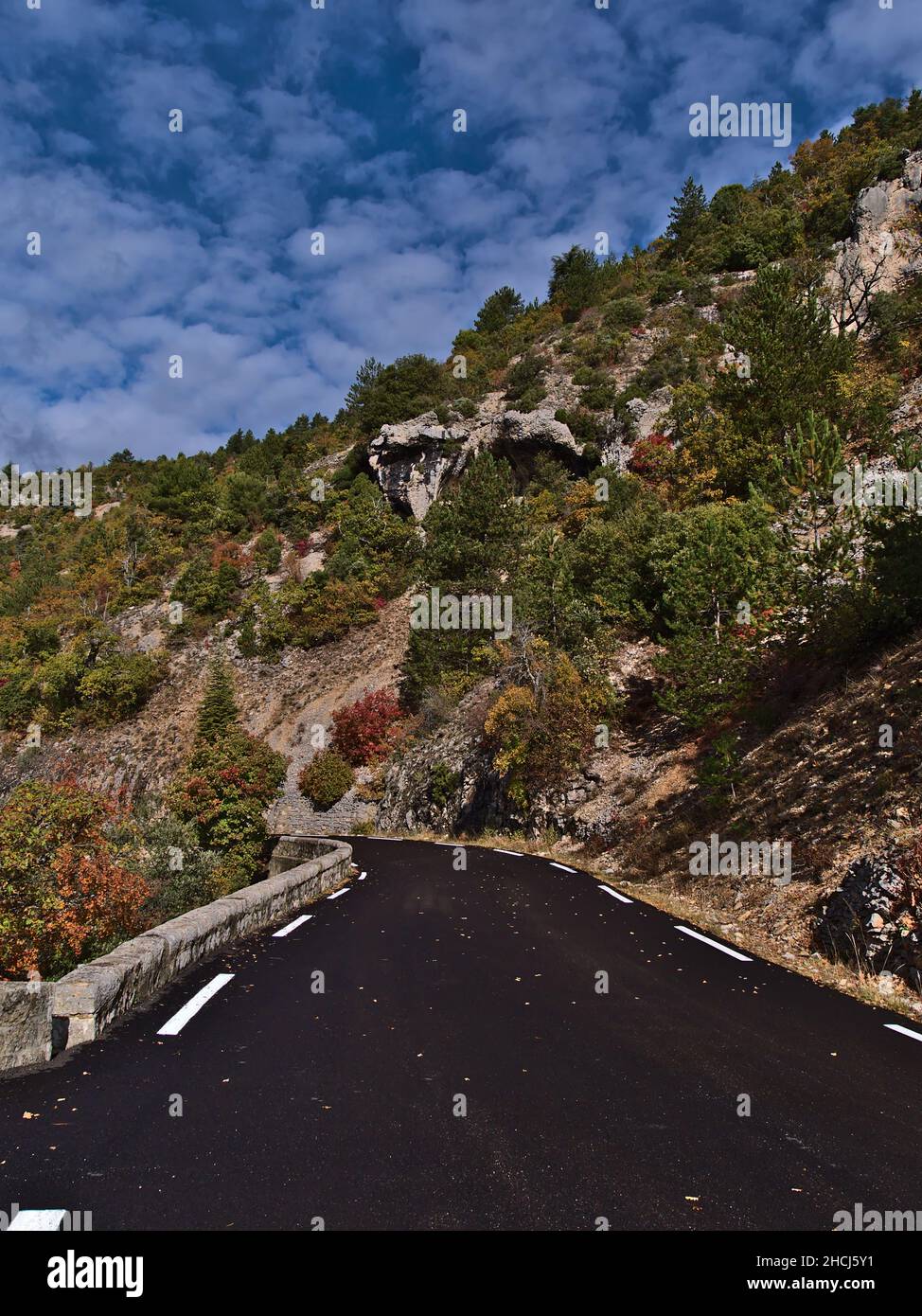 Tortuosa strada di campagna D942 con asfalto nero e marcature bianche su un pendio al canyon Gorges de la Nesque nelle montagne Vaucluse in Provenza, Francia. Foto Stock