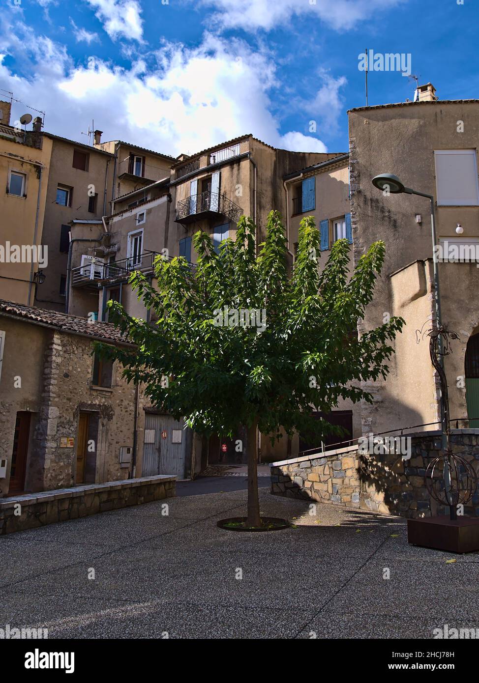 Vista sul centro storico della città Sisteron in Provenza, Francia con piazza circondata da edifici antichi e un unico albero deciduo con foglie verdi. Foto Stock