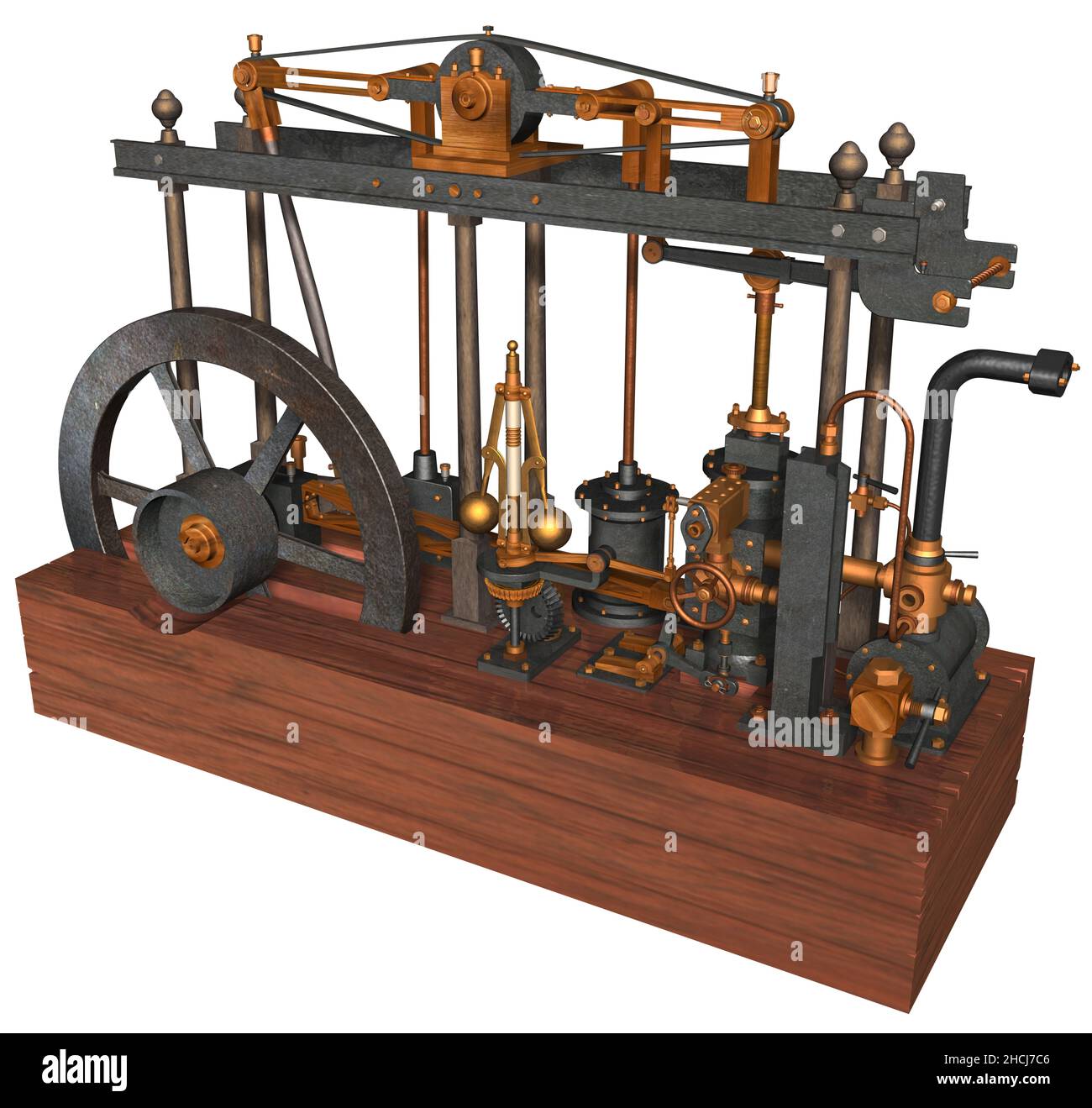 3D rappresentazione illustrazione di un motore a vapore ideato, costruito e perfezionato dall'inventore scozzese James Watt brevettato nel 1769. Foto Stock