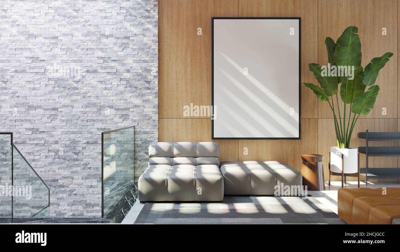 Cornice fotografica vuota in livingroom interno, su parete di legno, 3D rendering Premium Photo Foto Stock