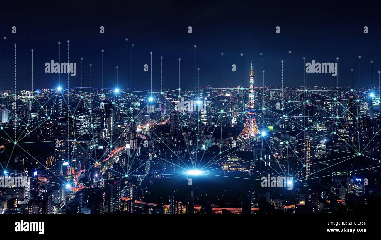 Sistema Smart Connection Network, concetto Smart City Network, connessione wireless 5G. Foto Stock