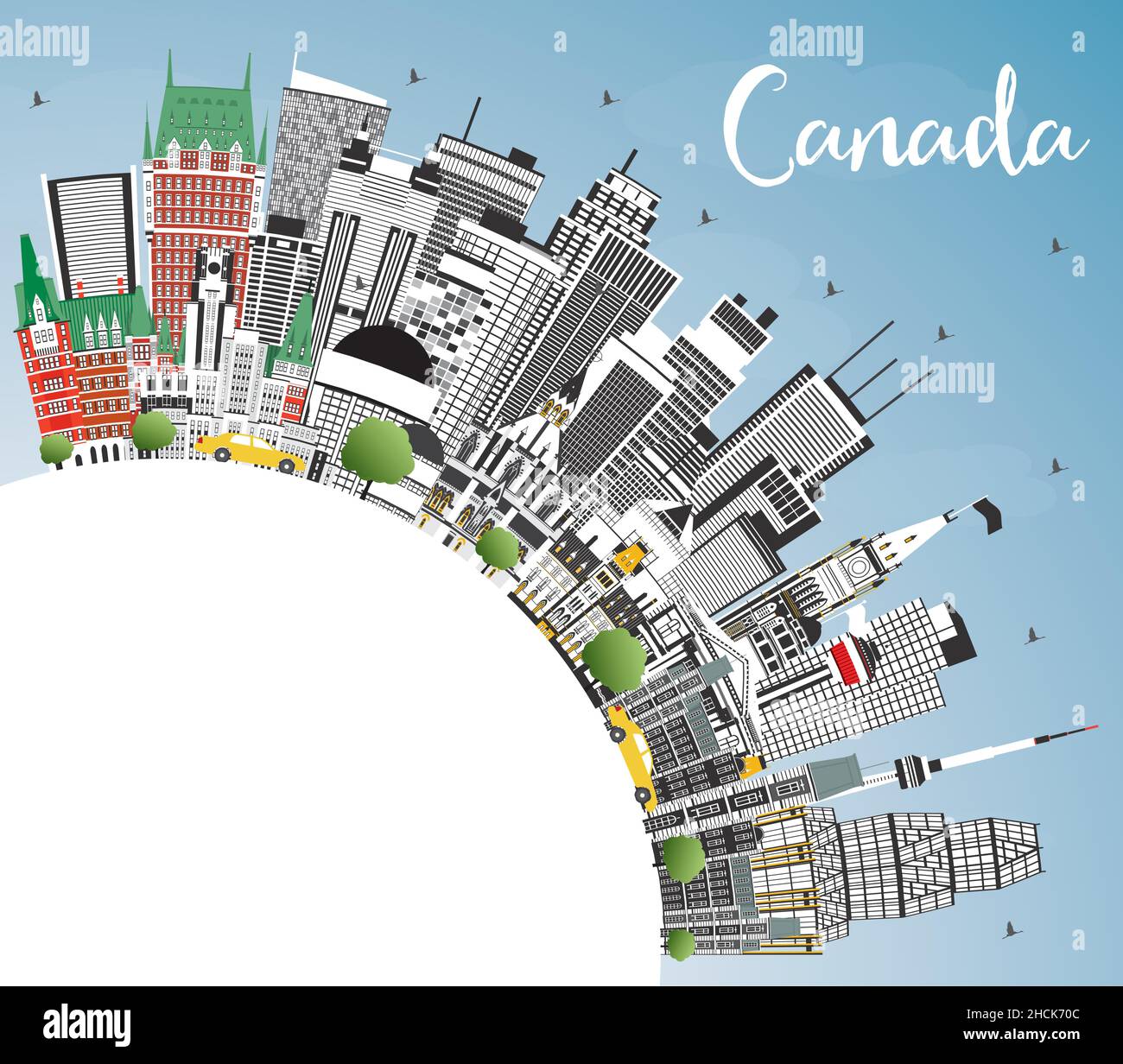 Canada City Skyline con edifici grigi, Blue Sky e Copy Space. Illustrazione vettoriale. Concetto con architettura storica. Paesaggio urbano del Canada. Illustrazione Vettoriale