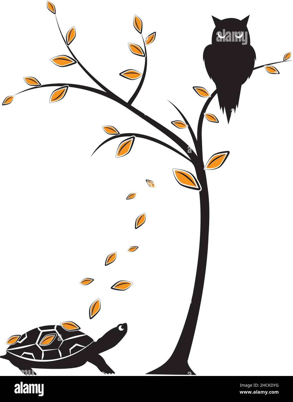 Gufo silhouette su albero in autunno e tartaruga, vettore. Gufo silhouette su ramo e caduta foglie illustrazione isolato su sfondo bianco. Cartone animato Illustrazione Vettoriale