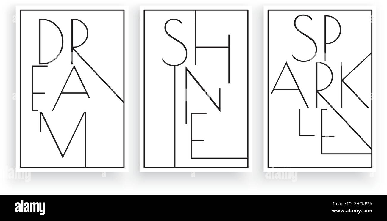 Sogno luccicante, vettoriale. Design minimalista in tre pezzi. Opere d'arte della parete scandinave, decorazioni delle pareti. Design di testo isolato su bianco Illustrazione Vettoriale