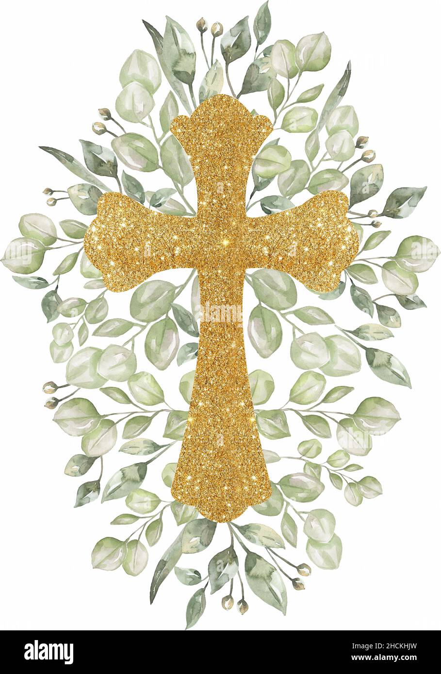 Cross Clipart, Watercolor verde Croce, croci battesimali, Bouquet floreale, inviti alle nozze, Disposizione dei petali, Spirito Santo, illustrazione religiosa, vai Foto Stock