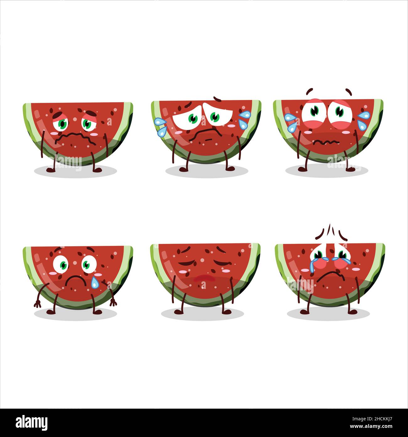 Cocomero gummy caramella personaggio cartoon con triste espressione. Illustrazione vettoriale Illustrazione Vettoriale