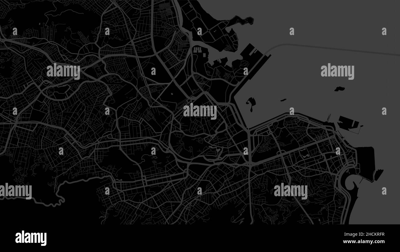 Nero scuro Rio de Janeiro zona vettore sfondo mappa, strade e l'acqua cartografia illustrazione. Formato widescreen, design digitale piatto stre Illustrazione Vettoriale