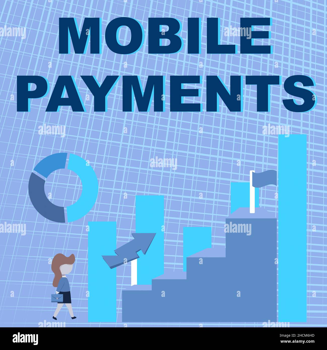 Scrittura visualizzazione testo Pagamenti mobili. Internet Concept transazione finanziaria elaborata attraverso uno smartphone Business Woman Walking verso il grande Foto Stock