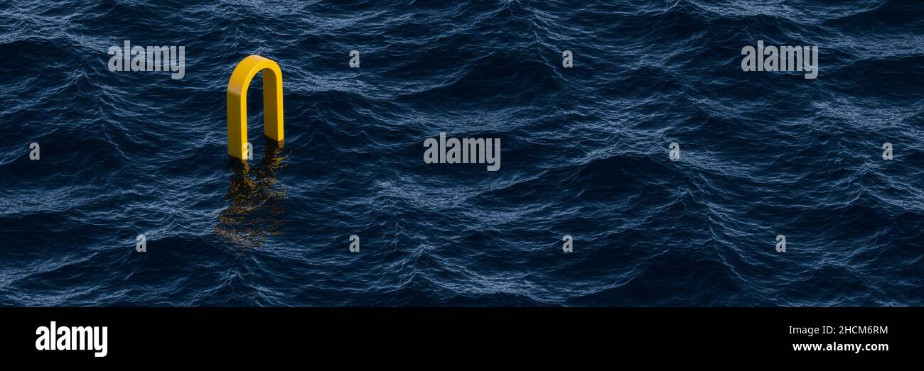 Sfondo astratto 3D. Oggetto giallo in un oceano. Onde realistiche in mare. Disegno di sfondo del banner Web. 3D rendering. Foto Stock
