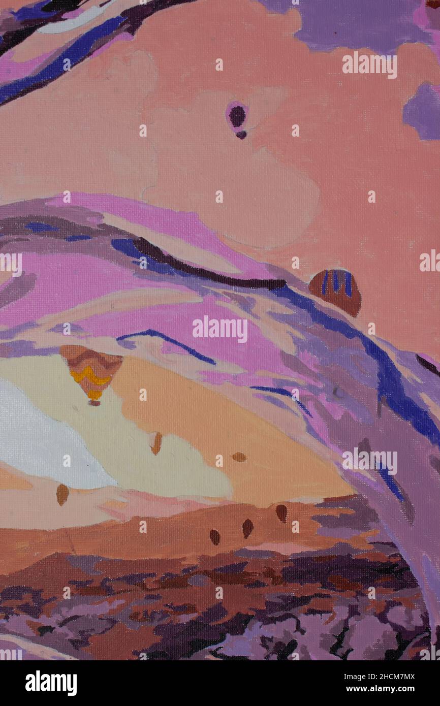 Pittura artigianale, tela astratta di viola e arancione. Arte moderna multicolore tela Foto Stock