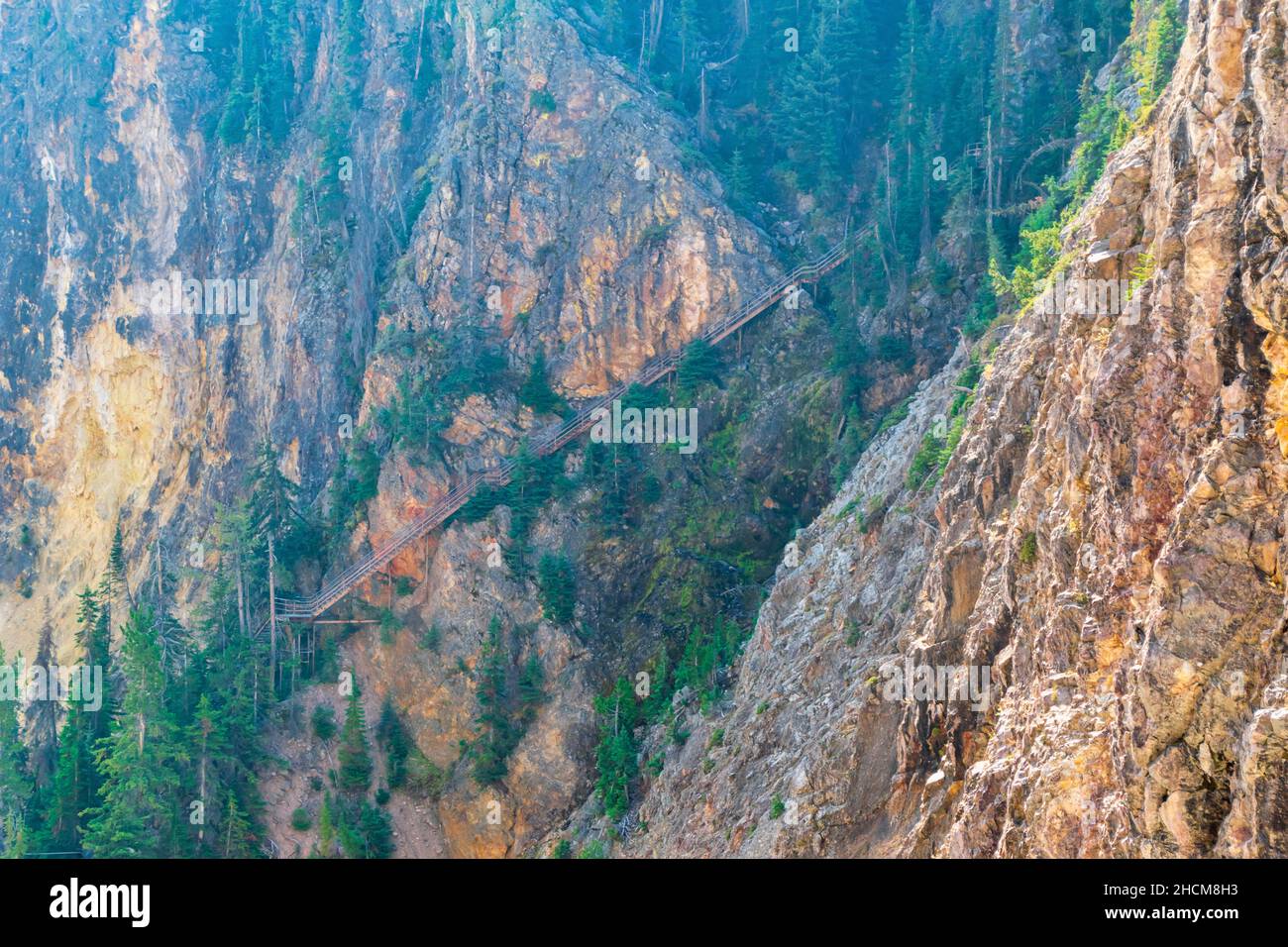 Vista di Misty di Uncle Toms Trail sul Grand Canyon del Yellowstone Foto Stock