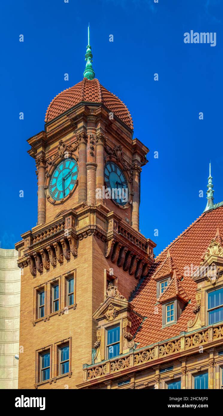 Main Street Station, punto di riferimento 1901 stazione ferroviaria e capannone ferroviario, è stato restaurato dopo alluvione e incendi. Foto Stock