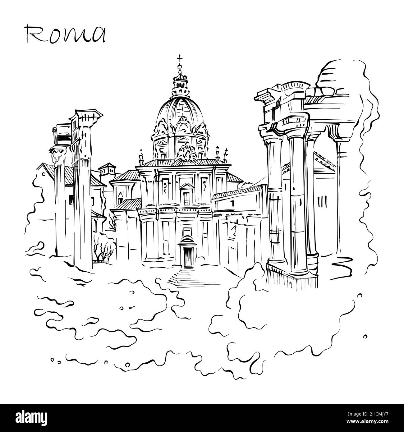 Vista panoramica vettoriale delle antiche rovine del Foro Romano nella città vecchia di Roma, Italia Illustrazione Vettoriale