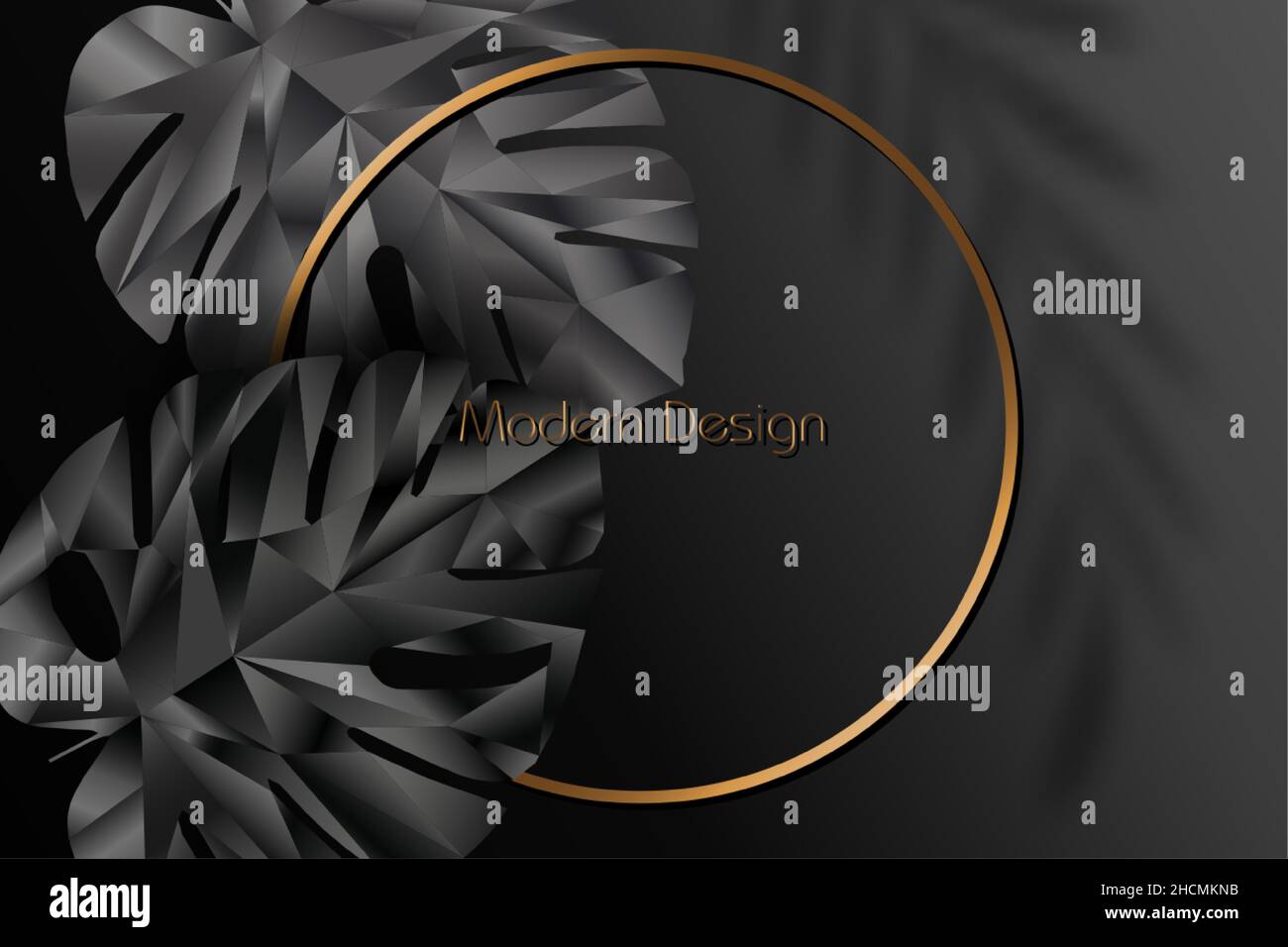 Banner nero esotico, copertina. Sfondo floreale foglia tropicale poligonale di Monstera pianta poly basso. Cornici circolari in oro Premium, modello vettoriale f Illustrazione Vettoriale