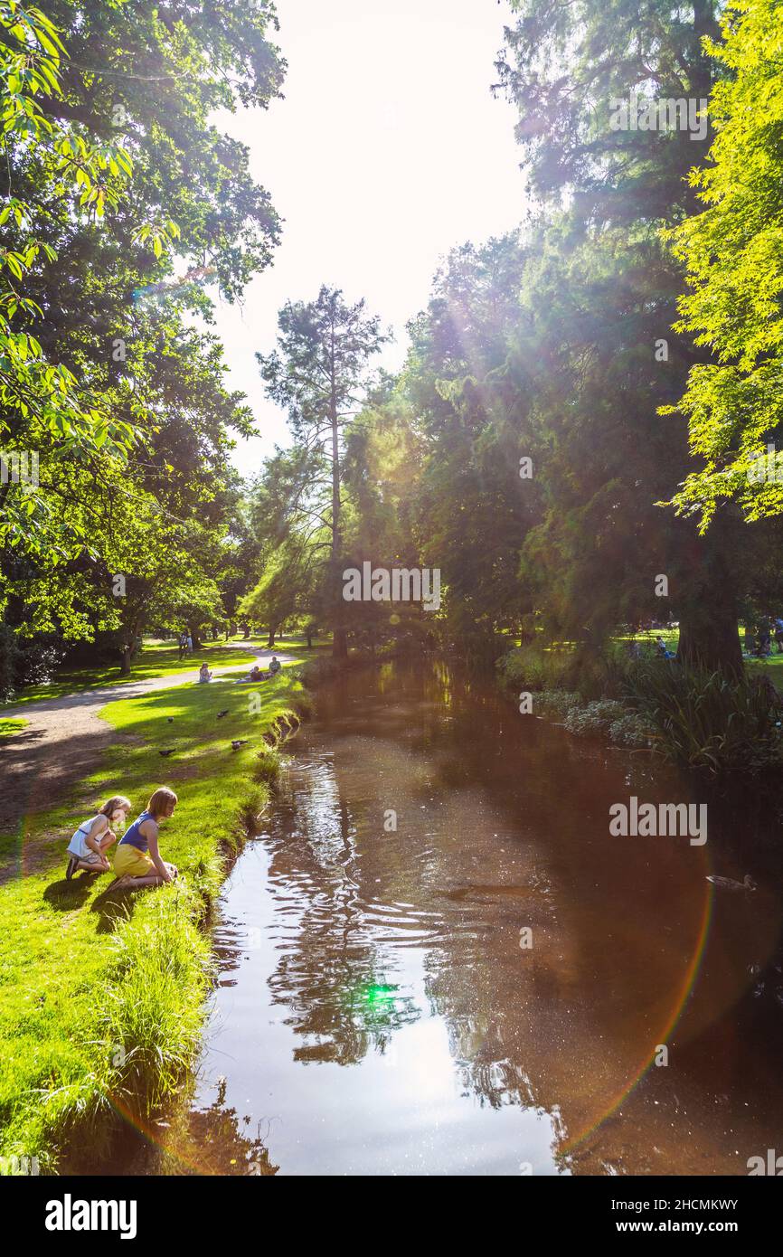 Bambini che giocano a Triss's Pond nel Woodland Garden, Bushy Park, East Molesey, Londra, Regno Unito Foto Stock