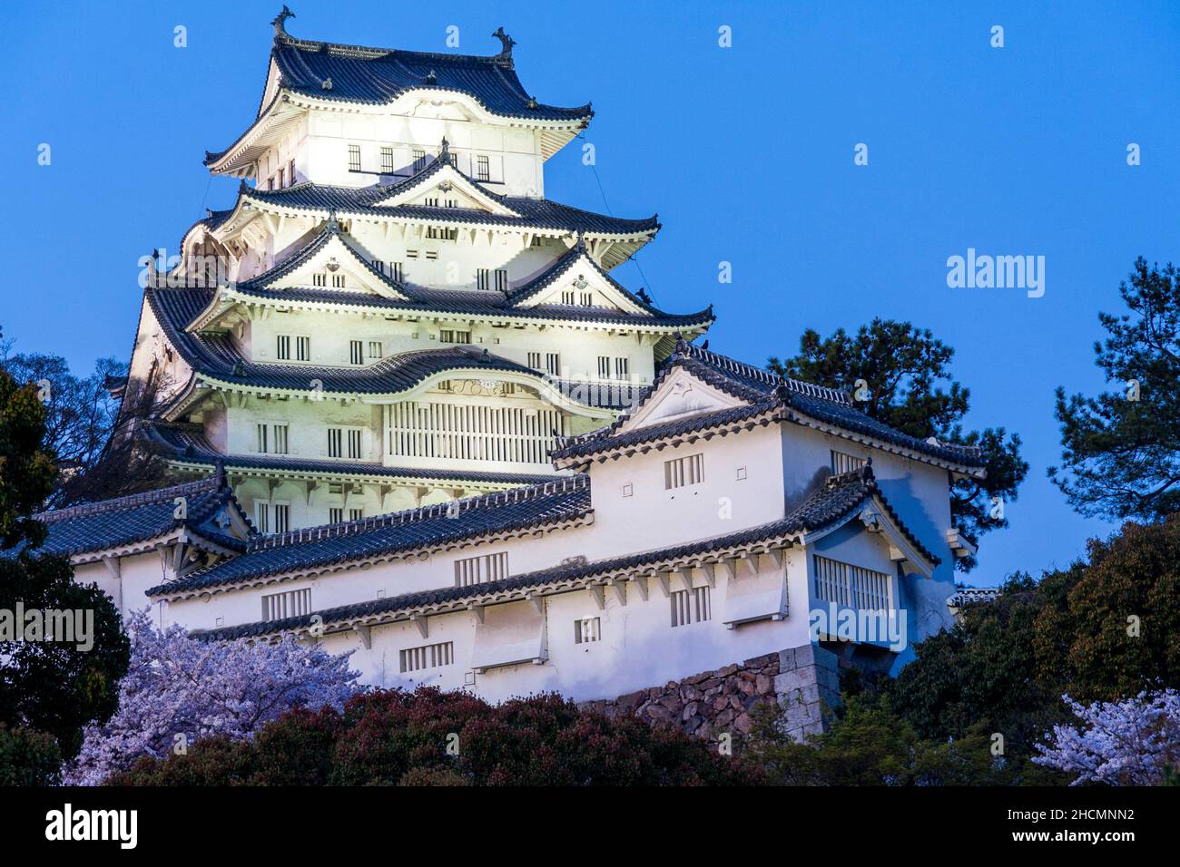 Il famoso castello bianco di Himeji illuminato di notte. Il mantenimento principale è illuminato da forti proiettori che donano al mantenimento una luce verdastra. Foto Stock