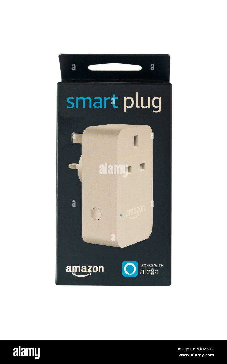 Smart Plug Smartplug funziona con Alexa Amazon in scatola isolata su sfondo bianco Foto Stock