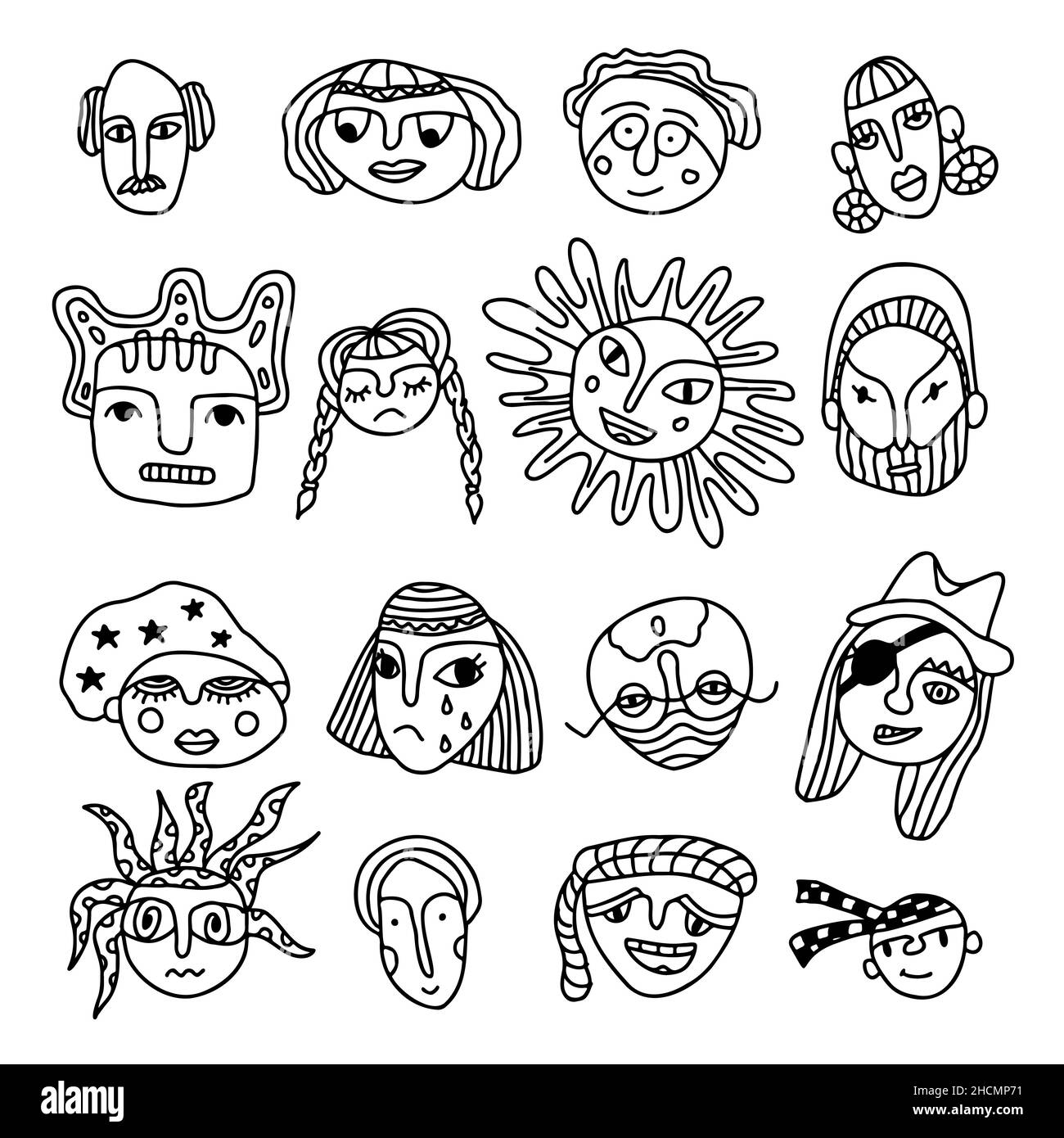 Facce irreali in Ink Set di stili disegnati a mano. Surreal persone uomo e donna volti. Ritratto astratto moderno allegro e triste fantasia personaggi illustrazione vettoriale Illustrazione Vettoriale