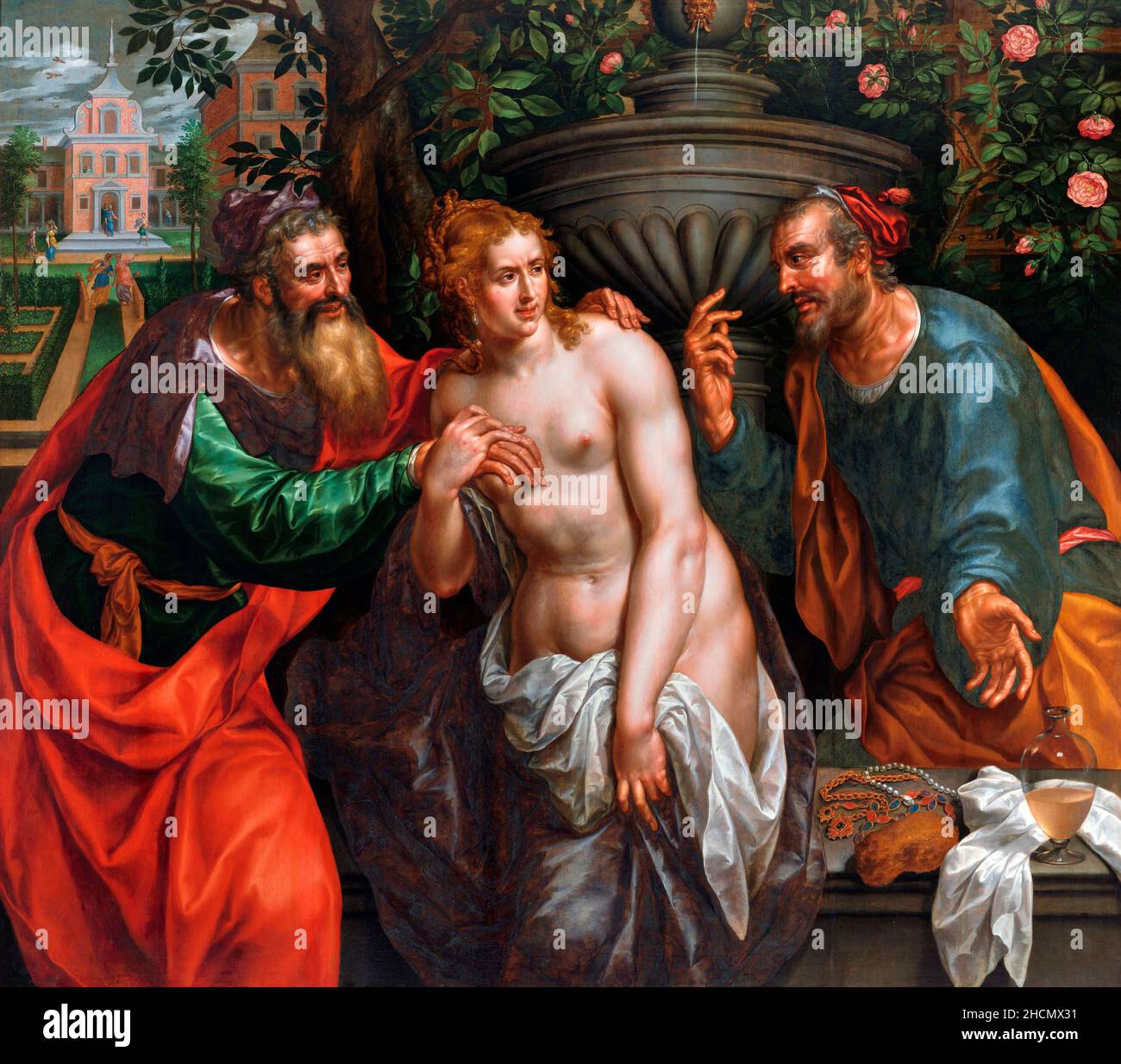 Susanna e gli anziani dell'artista fiammingo, Hendrick de Clerck (c.. 1560-1630), olio sul pannello, c. 1620-30 Foto Stock