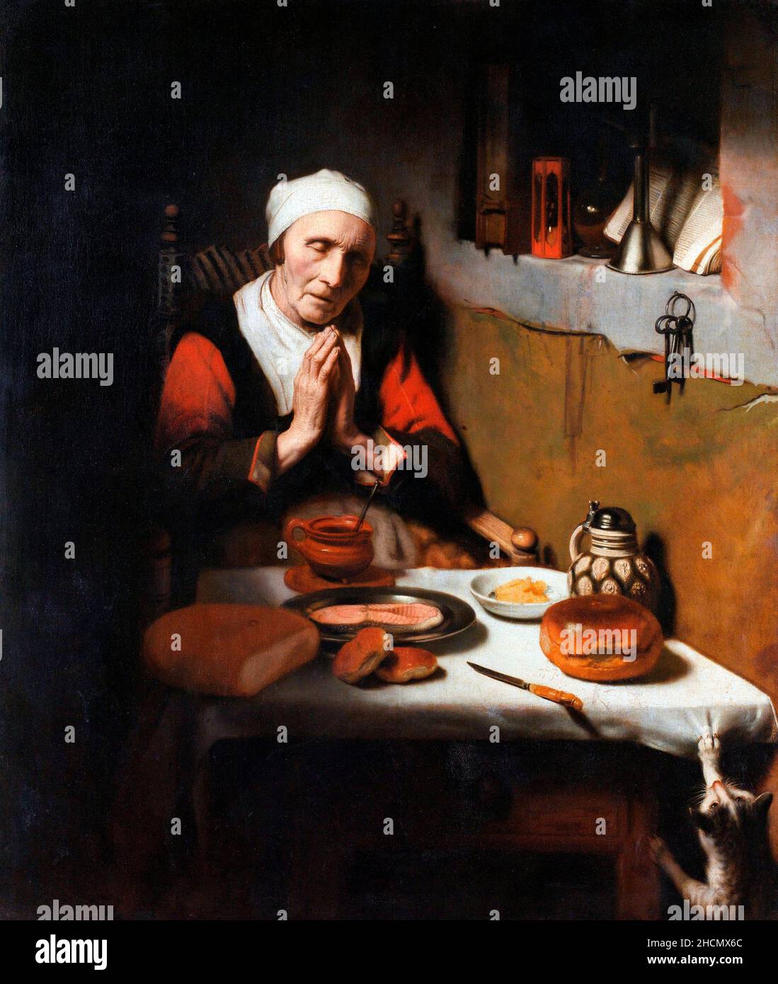 Vecchia Donna che dice Grazia (conosciuta come “la preghiera senza fine”) di Nicolaes Maes (1634-1693), olio su tela, c.. 1656 Foto Stock