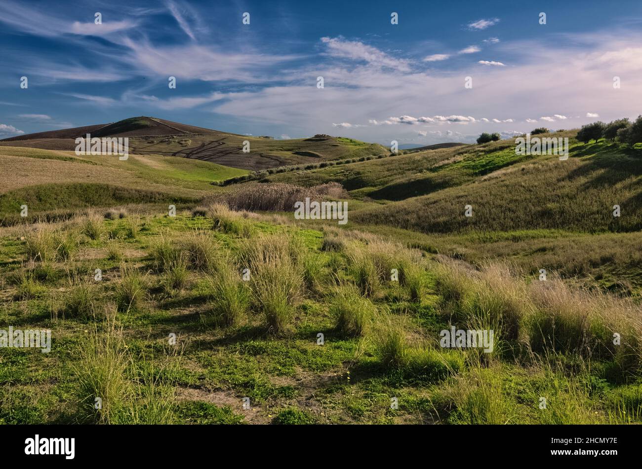 Colore invernale del paesaggio rurale in Sicilia cielo nuvoloso e agricoltura collinare Foto Stock