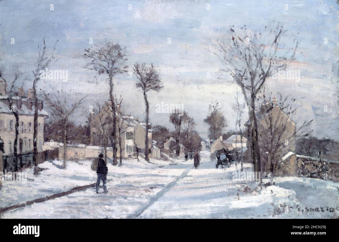 La strada di Versailles a Louveciennes sotto la neve dal pittore impressionista/post-impressionista francese Camille Pisarro Foto Stock
