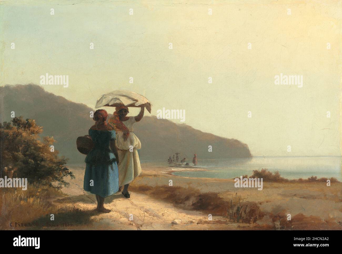 Le donne che chiacchierano sul mare, un lavoro iniziale del pittore impressionista/post-impressionista francese Camille Pisarro Foto Stock