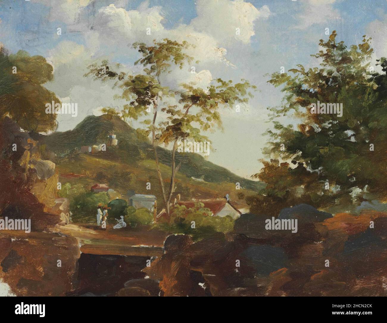 Un villaggio ai piedi di una montagna, un'opera del pittore impressionista/post-impressionista francese Camille Pisarro Foto Stock