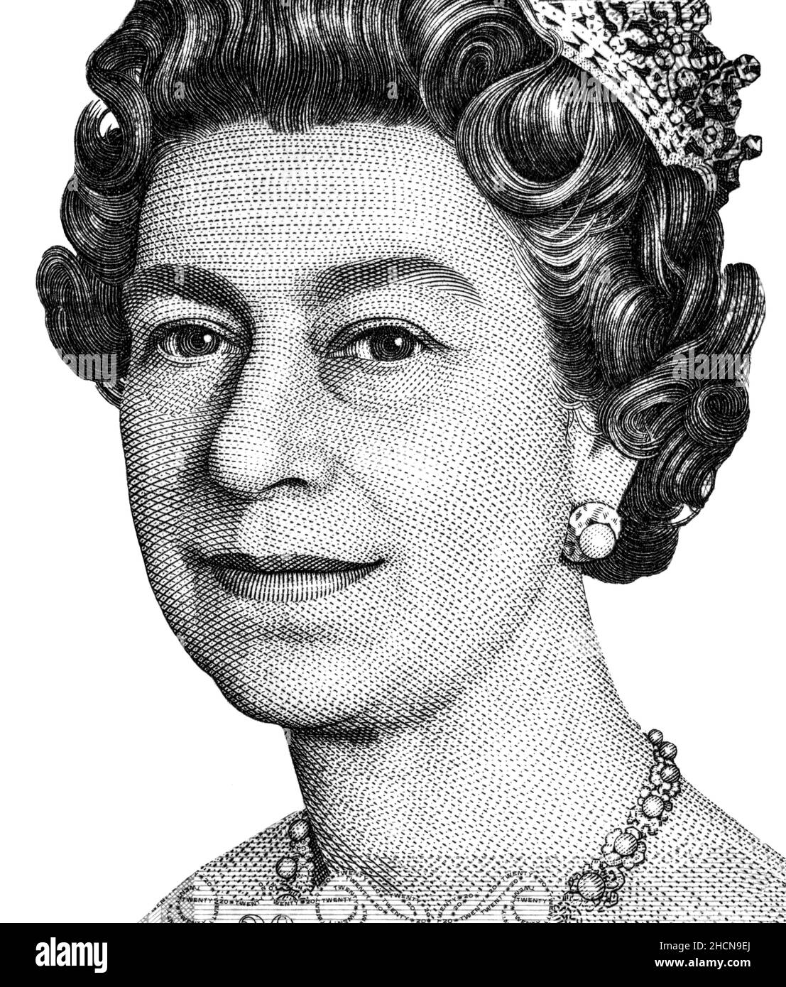 Ritratto in bianco e nero della regina Elisabetta II da banconote in lira inglese Foto Stock