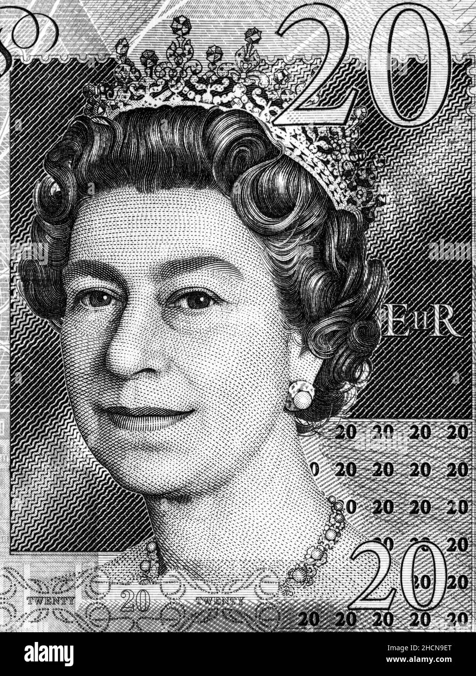 Ritratto in bianco e nero della regina Elisabetta II da banconote in lira inglese Foto Stock