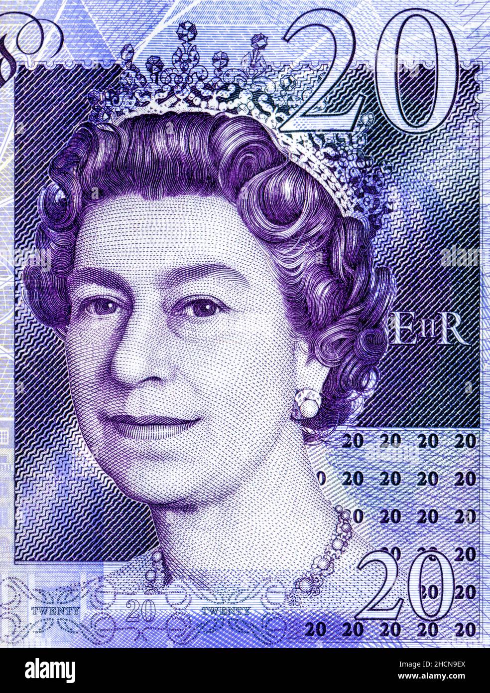 Ritratto della regina Elisabetta II da banconote inglesi della libbra, primo piano Foto Stock