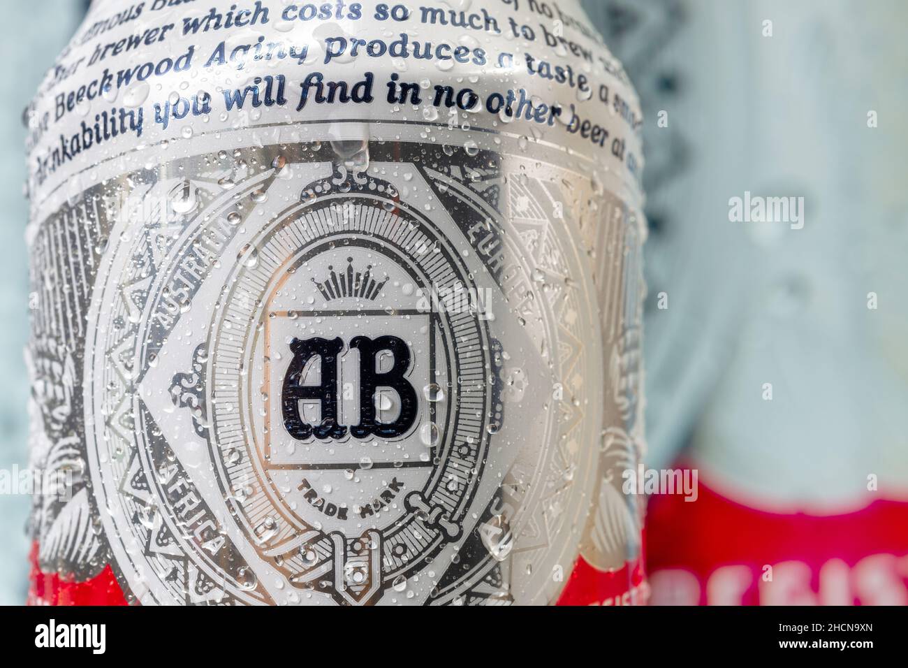 Etichetta disegno di una birra Budweiser Can.Dec. 30, 2021 Foto Stock
