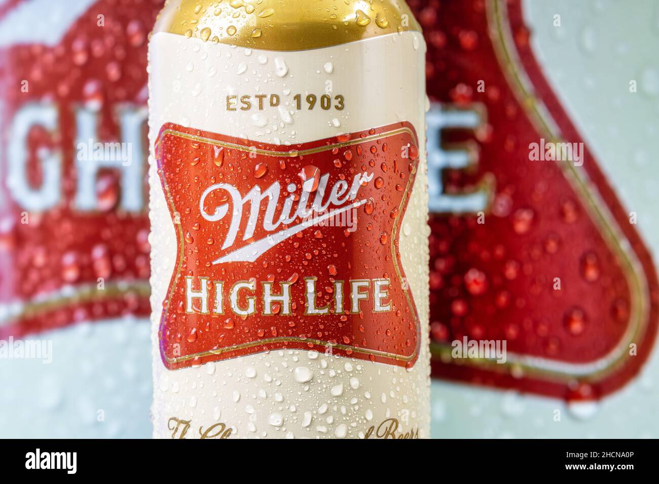 Etichetta di una birra Miller High Life Can.Dec. 30, 2021 Foto Stock