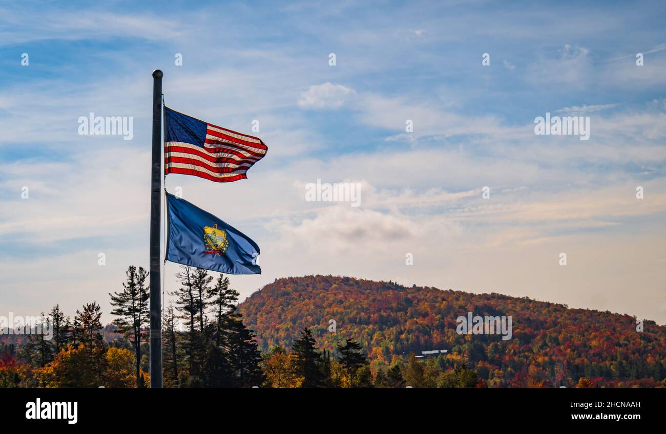 Bandiera degli Stati Uniti e del Vermont state che soffia nel vento in un giorno d'autunno Foto Stock
