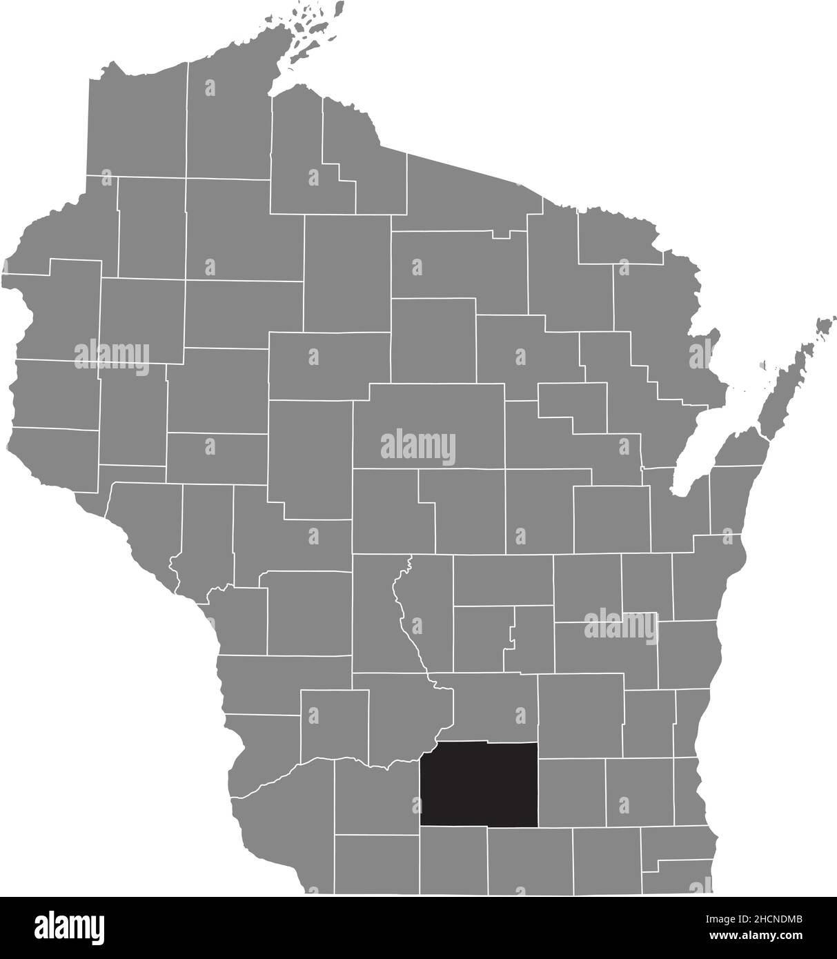 Mappa della zona evidenziata in nero della contea di Dane all'interno della mappa amministrativa grigia dello stato federale del Wisconsin, USA Illustrazione Vettoriale