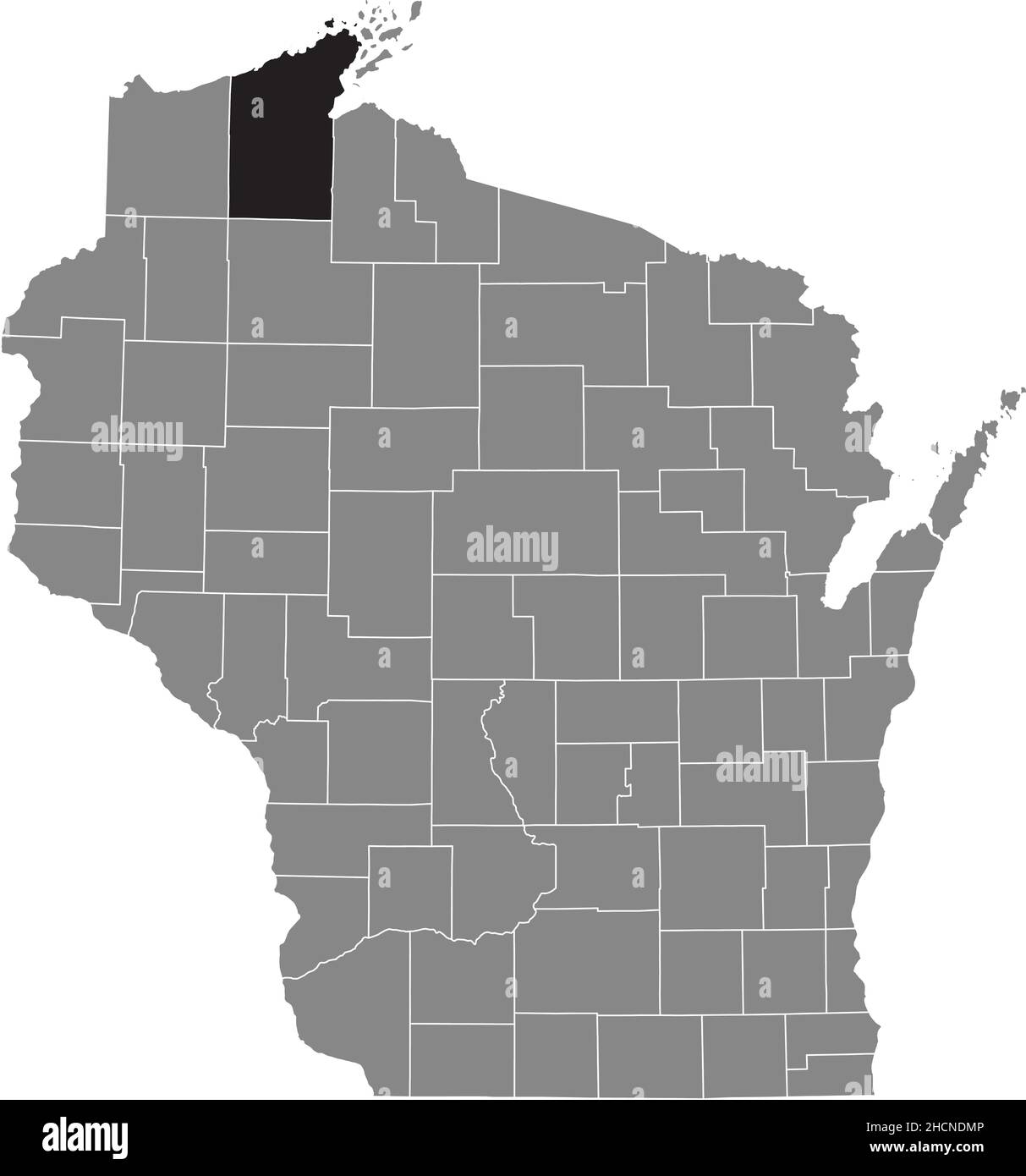 Mappa della posizione evidenziata in nero della contea di Bayfield all'interno della mappa amministrativa grigia dello stato federale del Wisconsin, USA Illustrazione Vettoriale