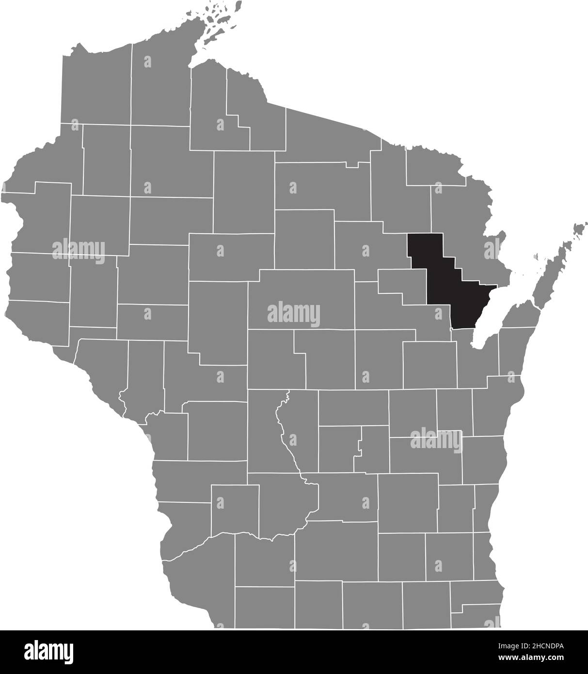 Mappa della località evidenziata in nero della contea di Oconto all'interno della mappa amministrativa grigia dello stato federale del Wisconsin, USA Illustrazione Vettoriale