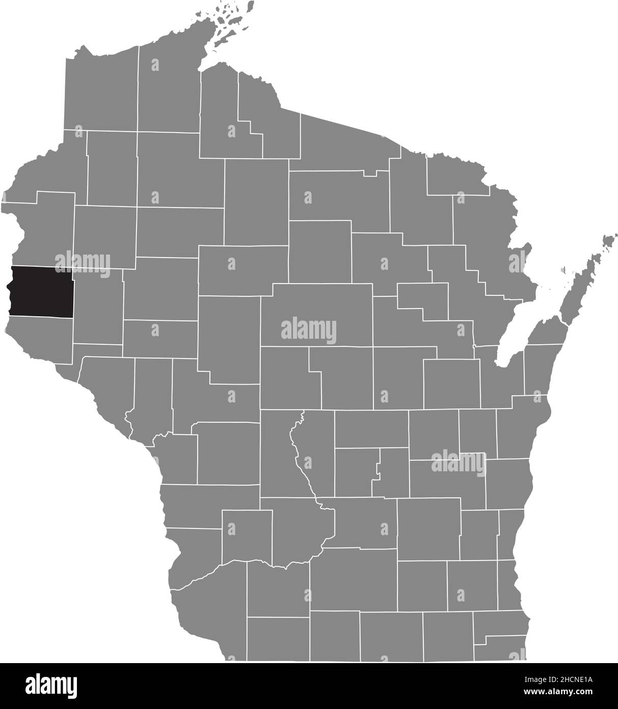 Mappa della zona evidenziata in nero della contea di St. Croix all'interno della mappa amministrativa grigia dello stato federale del Wisconsin, USA Illustrazione Vettoriale