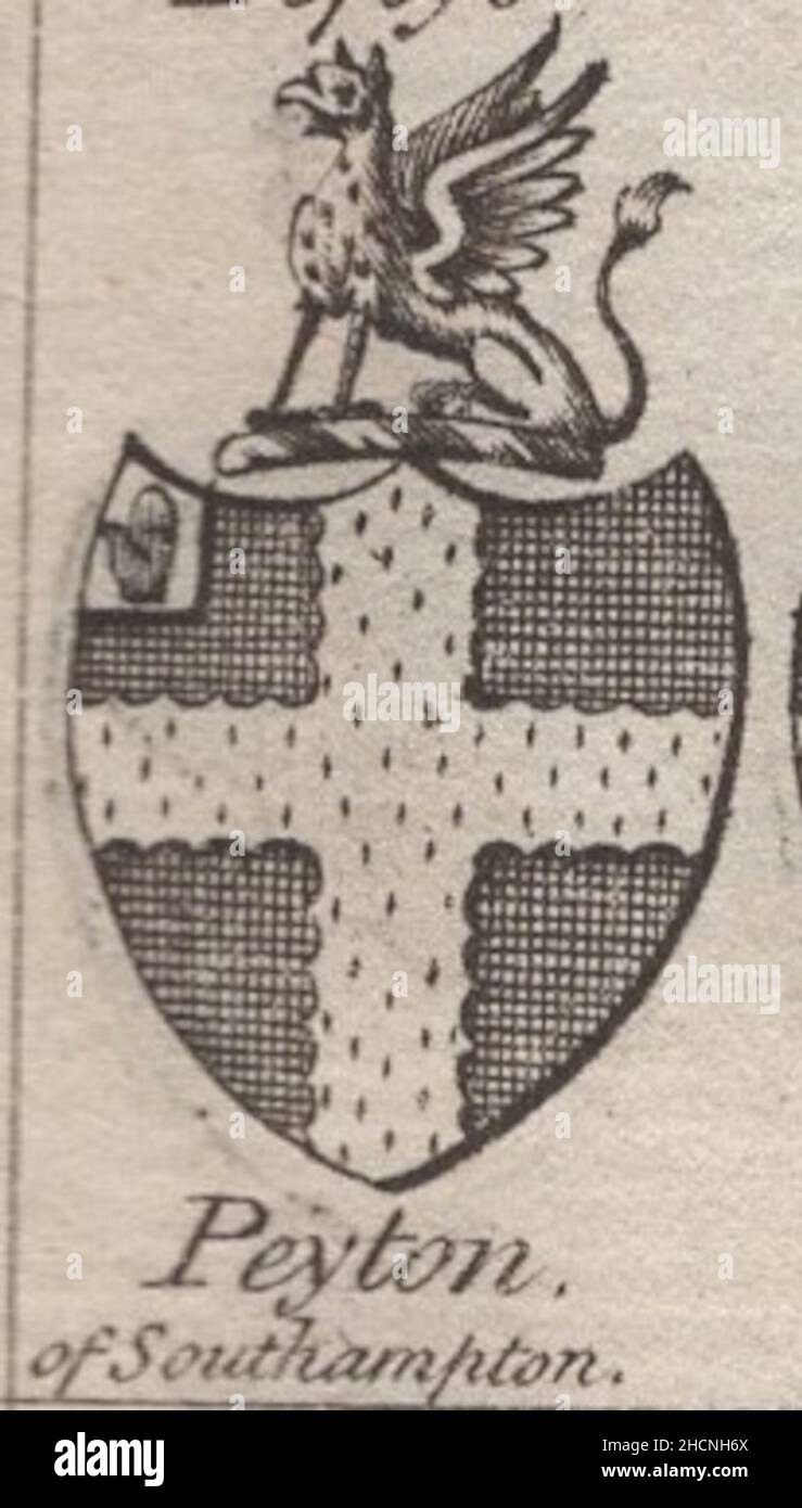 Antica incisione del 18th secolo stemma araldico, inglese Baronet Peyton di Southampton di Woodman & Mutlow fc russel co circa 1780s Fonte: Incisione originale dal libro annuale di almanach. Foto Stock
