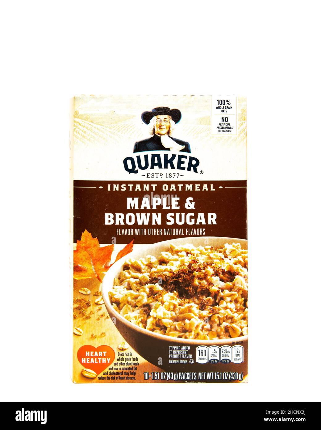 Una scatola di 10 pacchetti di Quaker Maple & Brown Sugar Instant farinata d'avena, un cuore sano per colazione Foto Stock