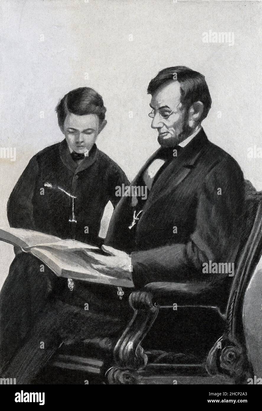 La didascalia per questa immagine recita: 'Lincoln e suo figlio Thomas conosciuto come Tad - dalla fotografia di Brady.' Abraham Lincoln fu il presidente degli Stati Uniti nel 16th. Servì dal 1861 marzo al suo assassinio il 15 aprile 1865. È stato scelto come candidato repubblicano alla Convenzione nel 1860. Lincoln era un avvocato, ma prima di andare alla scuola di legge, ha tenuto una varietà di posti di lavoro. Foto Stock