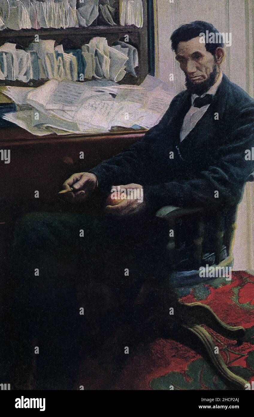 La didascalia per questa immagine recita: 'Lincoln from painting by Howard Pyle.' Abraham Lincoln fu il presidente degli Stati Uniti nel 16th. Servì dal 1861 marzo al suo assassinio il 15 aprile 1865. Howard Pyle (morto nel 1911) è stato un illustratore e autore americano, principalmente di libri per giovani. Il 21 febbraio 1861, il presidente eletto Abraham Lincoln arrivò a Filadelfia lungo il tragitto per Washington, D.C.. Dopo un saluto da 34 cannoni, si è allontanato dal deposito in una carrozza aperta trainata da quattro cavalli bianchi fino all'Hotel Continental come ovunque dal 100.000 a un quarto di milione di persone lo hanno incoraggiato o Foto Stock