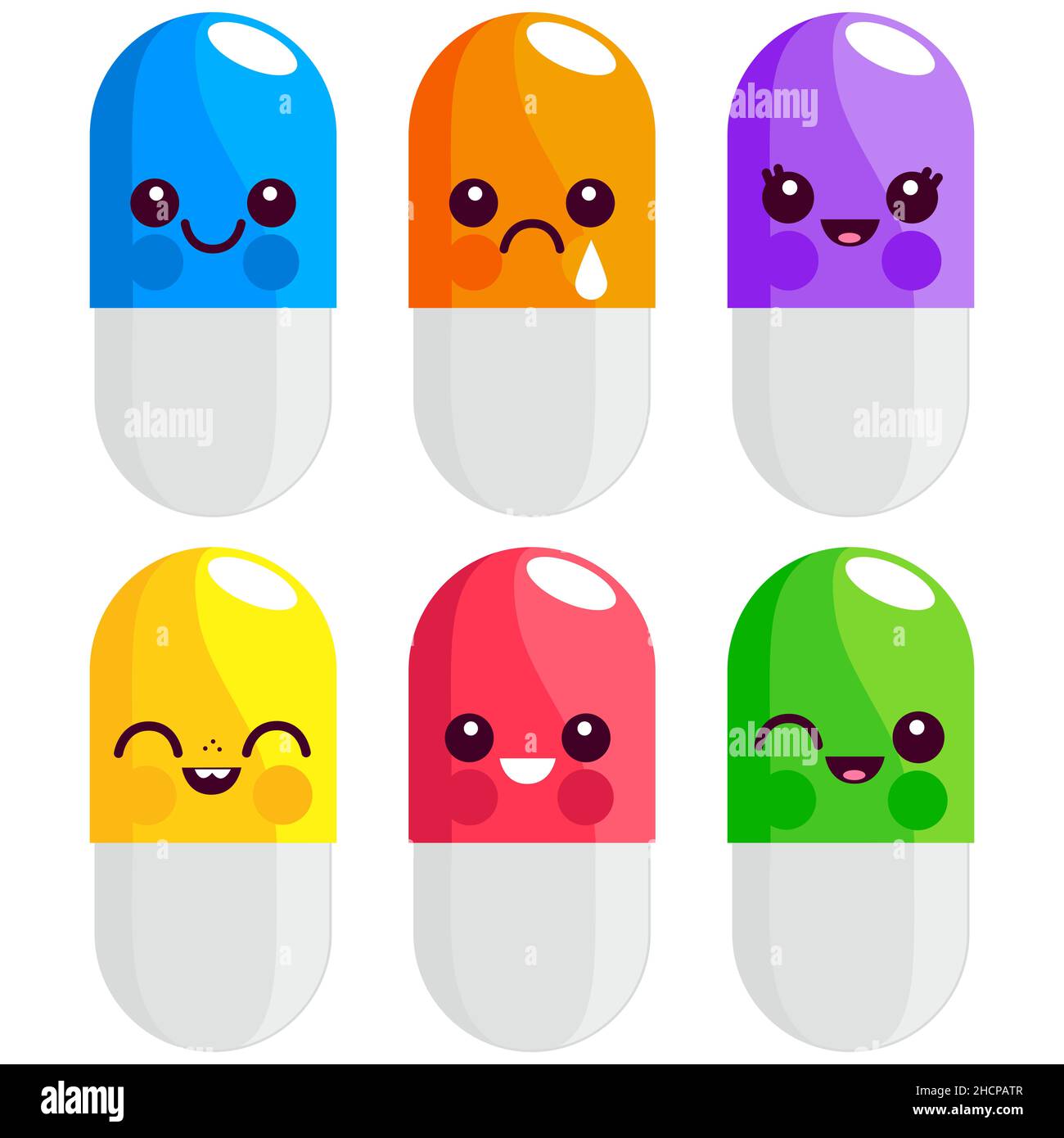 Graziosi farmaci da prescrizione dalla farmacia. Medicina, capsule, farmaci e pillole personaggi di vari colori ed emozioni raccolta. Foto Stock