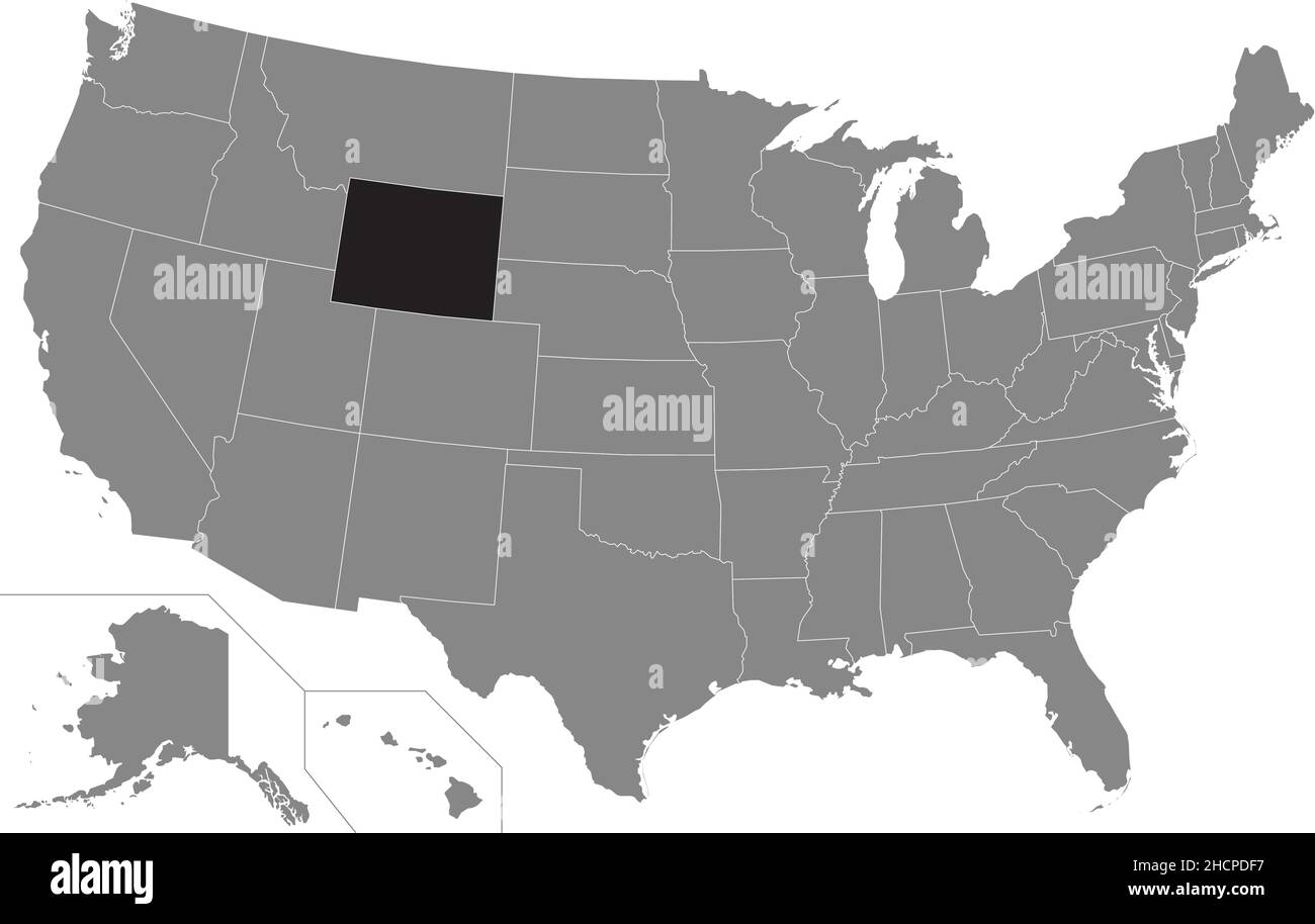Mappa amministrativa della posizione evidenziata in nero dello stato federale del Wyoming negli Stati Uniti all'interno della mappa grigia degli Stati Uniti d'America Illustrazione Vettoriale
